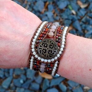 Handmade Leather Amethyst Bromze Glass Beaded Cuff Bracelet
